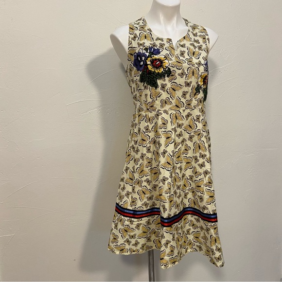 NIZA SPAIN YELLOW BUTTERFLY PRINT EMBROIDERED RIBBON SPLIT NECK SLEEVELESS DRESS - Picture 2 of 16